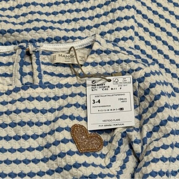 NEW Mango Blue and White Striped Rose Gold Embellished Girl’s Dress Size 3-4 - Picture 5 of 7